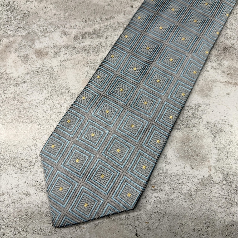 XMI Silk Tie Mens One Size Gray Blue Geometric Pointed 100% Silk USA Necktie